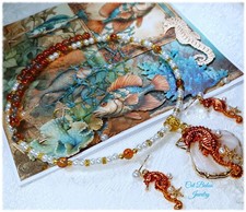 Seepferdchen Schmuckset Ohrringe Collier Perlen Weiß Orange CatBalouJewelry