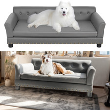 XXL Groß Hundecouch Hundesofa Grau Hundebett Leder Hundekissen mit Rückenlehne