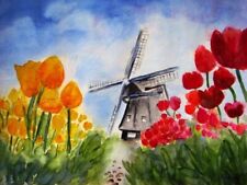 Bilder, Aquarell, Windmühle, 30 x 40 cm, Unikat, Tulpen aus Amsterdam, Gemälde