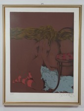 Akt Bild Zeichnung Lithografie limitiert auf 40 signiert Frau vor Stuhl; K118