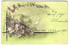 Glitzer-Perl-AK Weiße Tauben fliegen hinter einem Blumenzweig mit Glitzer-Perle 