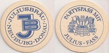 Juliusbräu, Neuburg - alter Bierdeckel "Partyspass mit Julius-Fass"