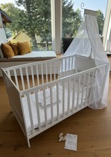Roba Babybett Komplettset weiß & Bettwäsche, Himmel,Netzchen, Matratze, 70x140cm
