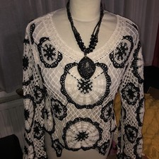 Italy Hippie Pullover Damen Netz Pulli Bändchengarn Häkel Schwarz Beige 34-38