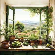 Deko Bild Fenster mit Kräutern Toskana Landschaft Mediterran Wandbild Wandfliese