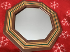 Vintage Achteckige SPIEGEL Holz Leder Zierspiegel Ø 32cm Deko Wand SAMMLERSTÜCK!