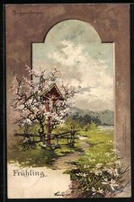 Künstler-AK T.Guggenberger: Frühling, Jesus-Kreuz am Feldweg 