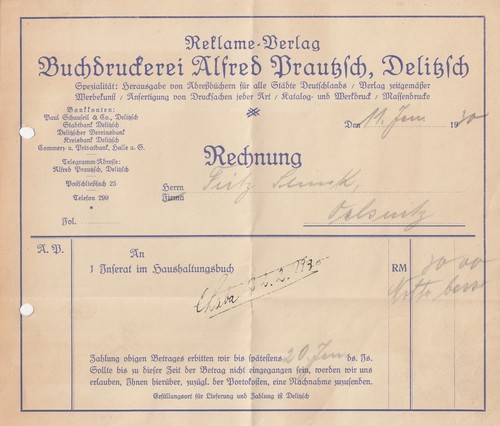 Delitzsch rechnung 1930 - delitzsch,,