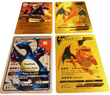 4x Pokemon Charizard GX Glurak V Metall Karten Gold / Silberoptik NEU