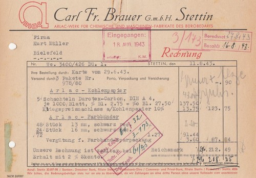 Stettin rechnung 1943 - stettin,, 1943,