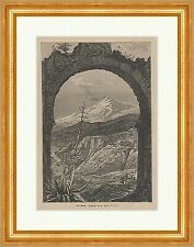 Der Aetna Italien Vulkan Rauch Torbogen Hügel Natur Holzstich E 16766 Gerahmt