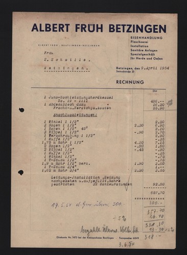 Betzingen rechnung 1954 - betzingen,,