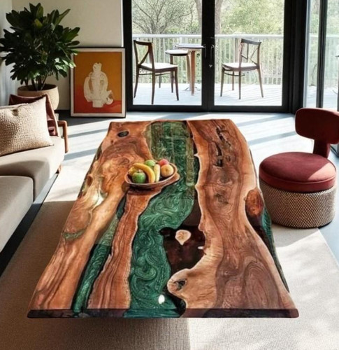Green epoxy river table top - river,