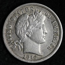 1916-S Barber Silver Dime AU