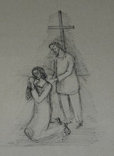 Paar vor Kreuz betend Sakrales