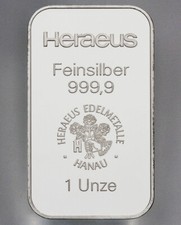 Silberbarren 1 oz Heraeus Silber Barren 999.9 im original Blister
