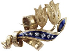 Schwedische 18 K Gold Tulpen Brosche um 1880 Email & Rosenschliff-Diamanten!