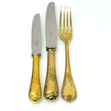 Christofle Marly Gold versilbert vergoldet 3 Teile Messer, Dessertmesser, Gabel