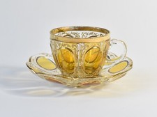 Alte Glas Tasse mit Untertasse Franz Heide Mokkatasse Gelb Gold facettiert