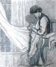 Nähende original Kohle-Zeichnung Frau mit Handarbeit Richard Pietzsch 1872-1960