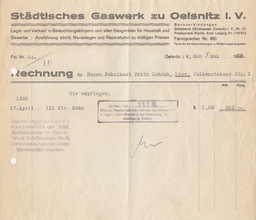 Oelsnitz rechnung 1930 - oelsnitz,,