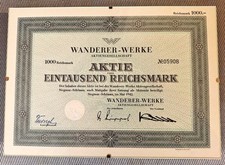 WANDERER-WERKE AG Aktie 1942 ,1000 Reichsmark, sehr guter Zustand,im Glasrahmen