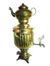 Alter SAMOWAR Messing Teekocher Teebereiter elektr. Kanne Holzgriffe HOLZ