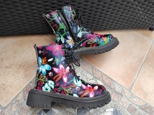 Combat Kampfstiefel Boots Bikerboots 38 Stiefeletten Blumen Vegan Leder Plateau