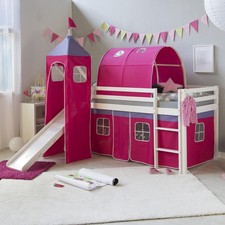 Hochbett 90x200 Kinderbett mit Rutsche Weiß Vorhang Turm Tunnel PinkHomestyle4u