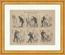 Beim Haarkünstler I. Berufe Friseur Männer Frisuren Holzstich E 16823 Gerahmt