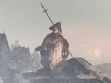 Hasenclever J.P. , Farblithographie gerahmt hinter Glas, der Nachtwächter