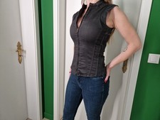 G-Star Lynn Slim Zip Top T-Shirt Bluse Glanz Lack Schwarz Kitkat Club XS S 34 36