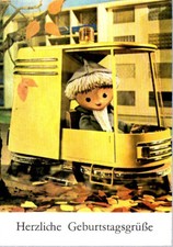 AK Sandmann herzliche Geburtstagsgrüße Herbst Kehrmaschine Laub unbeschrieben