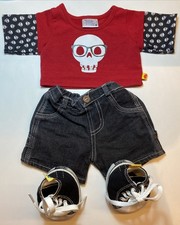 Build a Bear Totenkopf rot Emo Top schwarz Jeans Baseball Stiefel Outfit Kleidung Set