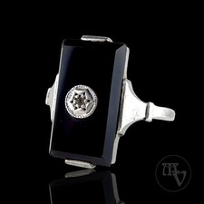 Art Déco Damenring mit Onyx & Diamant 925er Silber Gr. 50 / 15,9mm ~1930 Antik