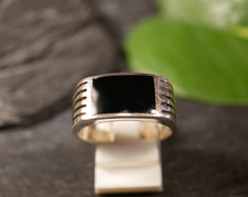 Toller 925 Sterling Silber Ring Schwarz Onyx Rillen Siegelring Design
