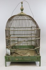 66cm großer Vogelkäfig Holz Metall farbig gefasst 19.Jhd (MVL4748)