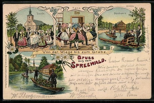 Lithographie spreewald taufe - lithographie, spreewald,