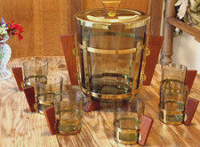 selten Art Déco Bowle Messing gold Glas Einsatz Holz Griffe ANTIK 40er 6 Gläser