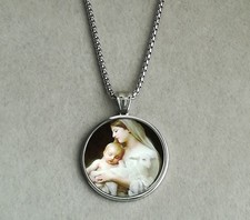 Heilige Maria Jesus Lamm Gottes Anhänger Halskette Glas Edelstahl Silber Madonna