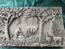 GROSSES WANDBILD ZINN RELIEF BAUER BEI DER FELD LAND ARBEIT VINTAGE 59 x 35 cm
