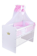 Babybett K2b-korZ mit 10-tlg Komplett-Set Bettwäsche Matratze Nestchen Herzen ro