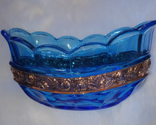 Kleine Jardiniere antike Glasschale Schale Blau Art Déco 20-er Jahre Goldmontur 