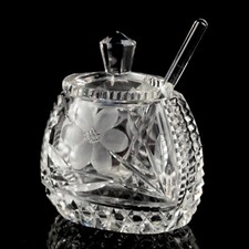 Glas Senftopf mit Deckel und Glaslöffel Kristall geschliffen Deckeldose 7 cm