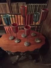 6 Windlichter In Rot, Orange,Blau. Glas In Metallständer Geblasen