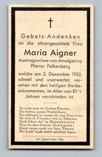 Sterbebild Maria Aigner 1952 Amelgering Falkenberg Rottal-Inn Niederbayern