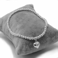 Armband Perlenarmband Echt 925 Silber Perlen Kugeln Stretcharmband Herz Anhänger