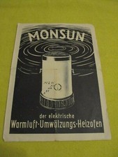 Prospekt MONSUN - elektrischer Warmluft-Umwälzungs-Heizofen ca 1955