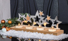 Deko Teelichthalter Holz 4er Teelicht Windlicht Kerze  silber Stern 29,5cm