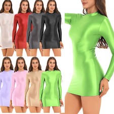 DE Damen Kleider Langarm Bodycon Kleid Glänzendes Minikleid Party Kleid Club